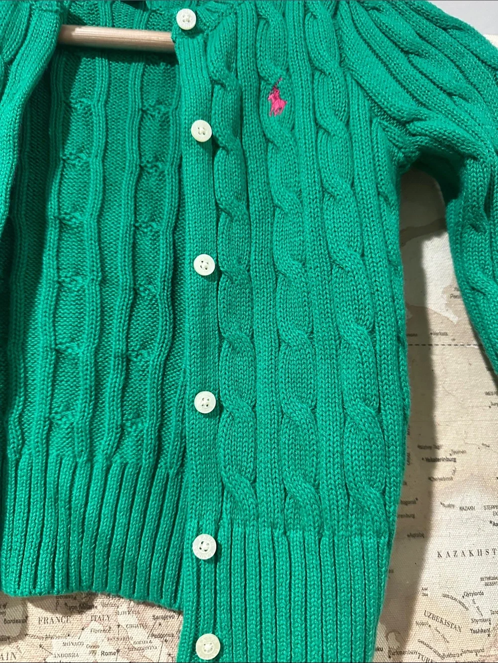 Ralph Lauren Girls' Green Cable Knit Cardigan with pink logo